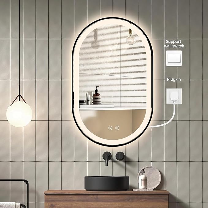 Niccy Oval LED Mirror for Bathroom, 32x20 Front Lit + Backlit Vanity Mirrors with Light Anti-Fog, Shatter-Proof, Makeup Mirror with Black Frame (Horizontal/Vertical)