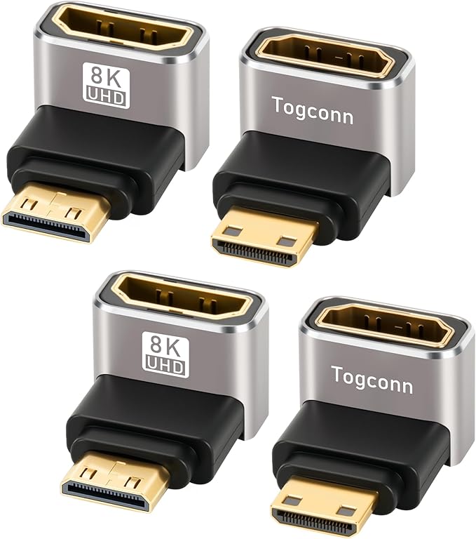 90 Degree Mini HDMI to HDMI Adapter 4 Pack, (Up and Down) Right Angle Mini HDMI (Male) to HDMI (Female) L-Shaped Converter Connector Support 8K@60Hz,4K@120Hz for Raspberry Pi Zero, Camera, Monitor