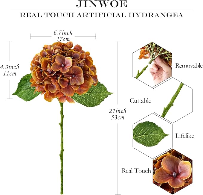 Fall Hydrangea Artificial Flowers, 4Pcs 21” Latex Real Touch Flowers, Faux Silk Flowers Fake Artificial Hydrangeas with Stems for Bouquet Table Centerpieces Halloween （Raw Umber Brown）