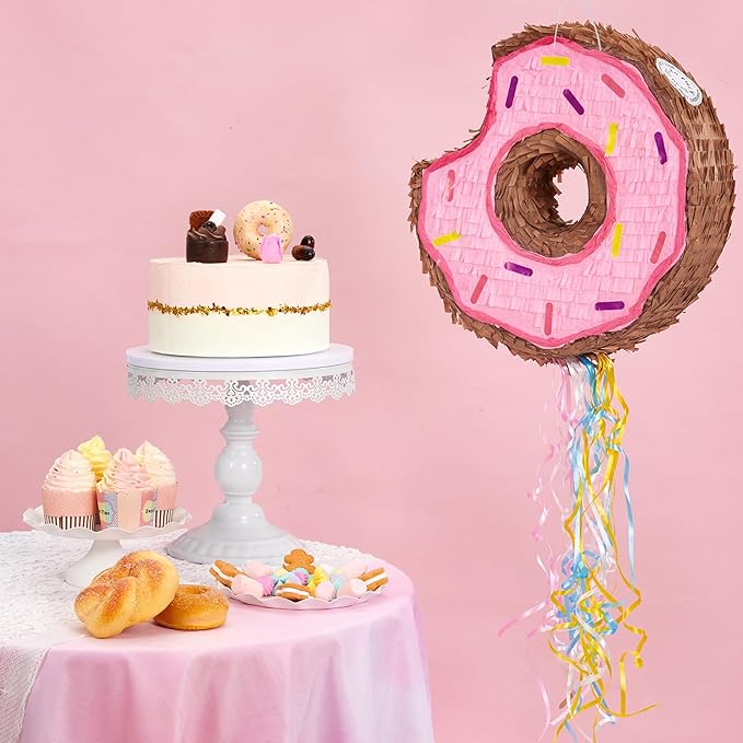 WERNNSAI Donut Piñata - Pink Donut Pinata with String Birthday Partyn Decorations Piñata with Stick Blindfold for Girls Kids Dount Pull String Pinata Family Games Birthday Party Supplies
