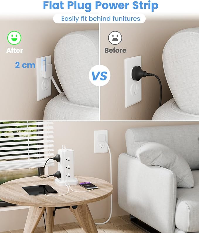 Power Strip Tower with Surge Protector 1800J, Fast Charging Tower PD20W USB-C Ports with 12 AC Outlets, 6ft Extension Cord for Home Office Dorm Room, White