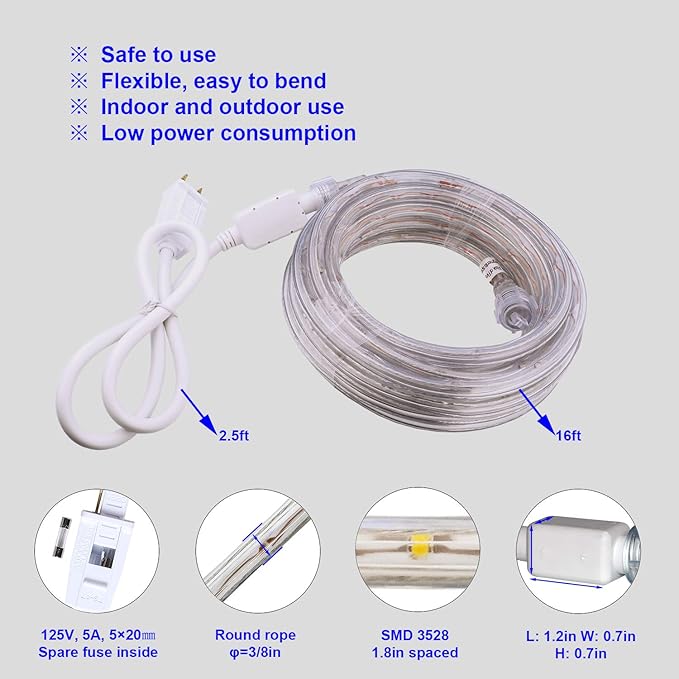 Blue LED Lights, 16ft Rope Lights, Connectable and Flexible Blue Strip Lighting, High Brightness 3528 LEDs with Clear PVC Jacket, Waterproof Weatherproof for Indoor Outdoor Use