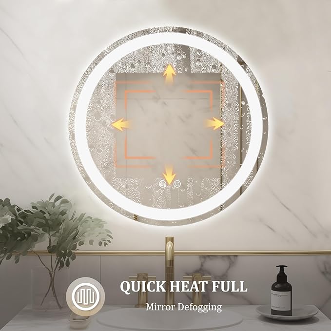 WallBeyond LED Bathroom Mirror with Lights, 20'' Round Light Up Bathroom Mirror for Wall with Front and Backlit, Anti Fog Led Mirror for Bathroom, 3 Colors and Dimmable Light