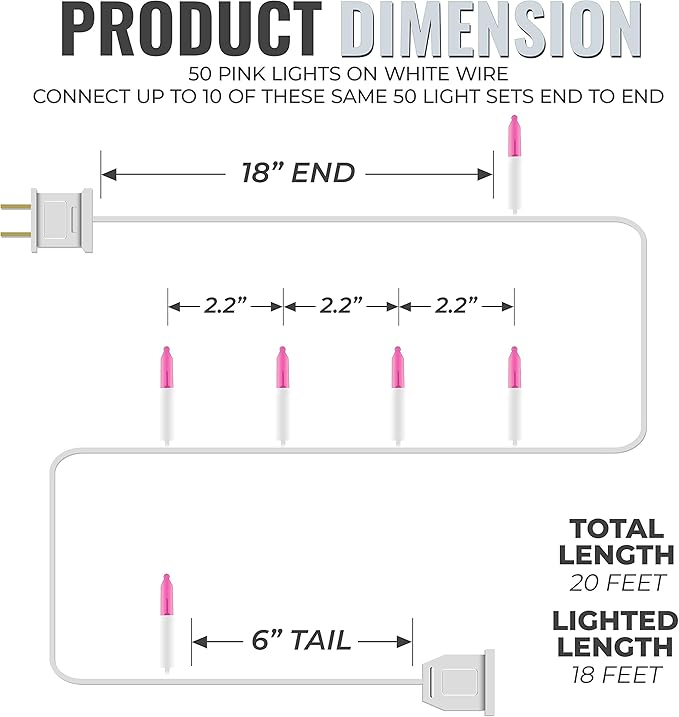 612 Vermont 50 Pink Christmas Lights on a White Wire String, UL Approved, Indoor and Outdoor Use, 9 Foot of Lighted Length, 11 Foot of Total Length
