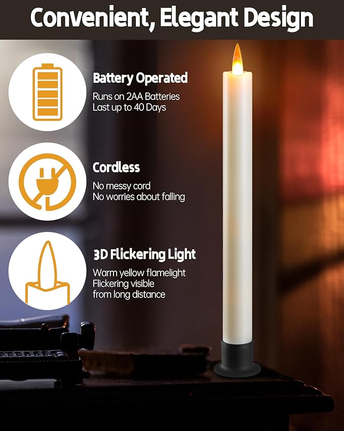 Da by 3 LED Flameless Table Candles with Remote Timer, 9.6 Inch Ivory Candle Holder, Battery Powered 3D Flickering False Flame Window Candle, Free 3 Black Bases