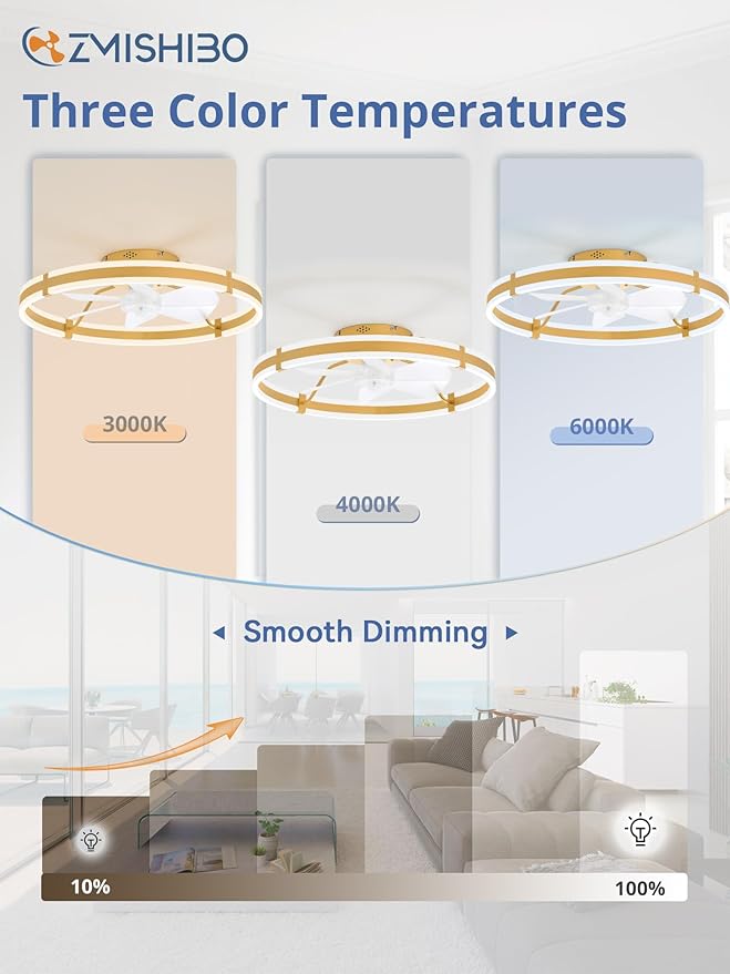 ZMISHIBO 24 Inch Ceiling Fans with Lights and Remote, Modern Low Profile Ceiling Fan, 3000-6000K Dimmable Flush Mount LED Fan Light, 6 Wind Speeds, Fandelier Ceiling Fans for Bedroom- Gold