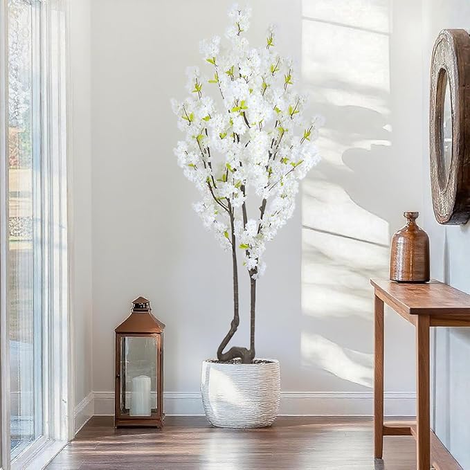 7.2 ft White Artificial Cherry Blossom Tree for Home Decor, Nearly Nature Faux Silk Flower Tree Indoor, Fake Realistic White Flowering Plant for Living Room Wedding Office Decorations