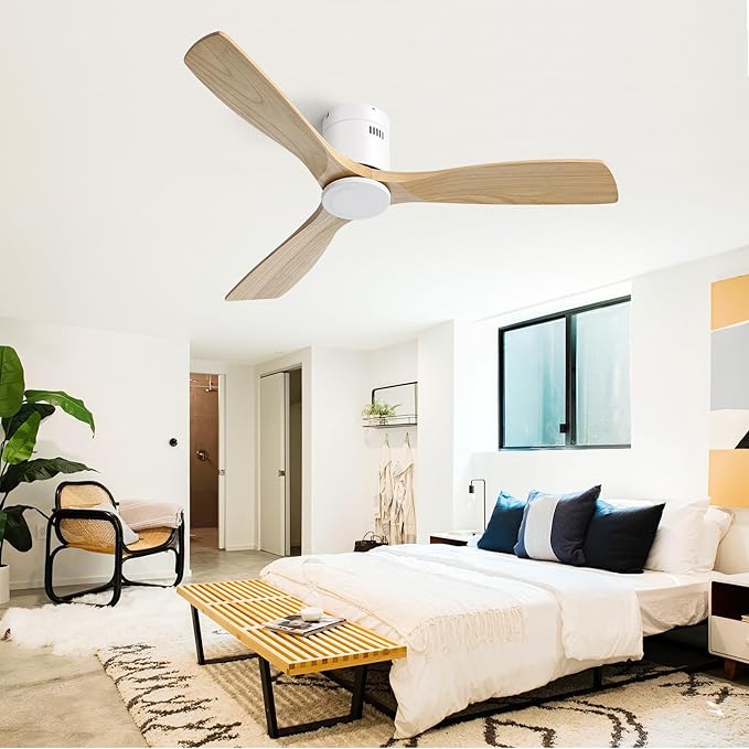 Sofucor 52 Inch Ceiling Fan No Light, Solid Wood Ceiling Fans Without Lights Remote Control, Reversible DC Motor, 6-Speed, Flush Mount Indoor/Outdoor Ceiling Fans for Patios, Bedroom and Farmhouse