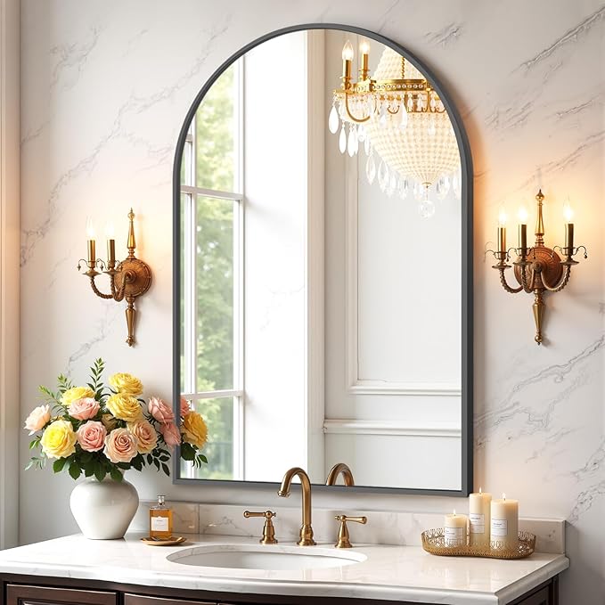 Sweetcrispy Arched Bathroom Mirror 38x26 Inch Black Metal Framed Arch Vanity Mirror for Wall, Over Sink, Farmhouse, Restroom, Anti-Rust, Modern Decorative, Hanging or Leaning