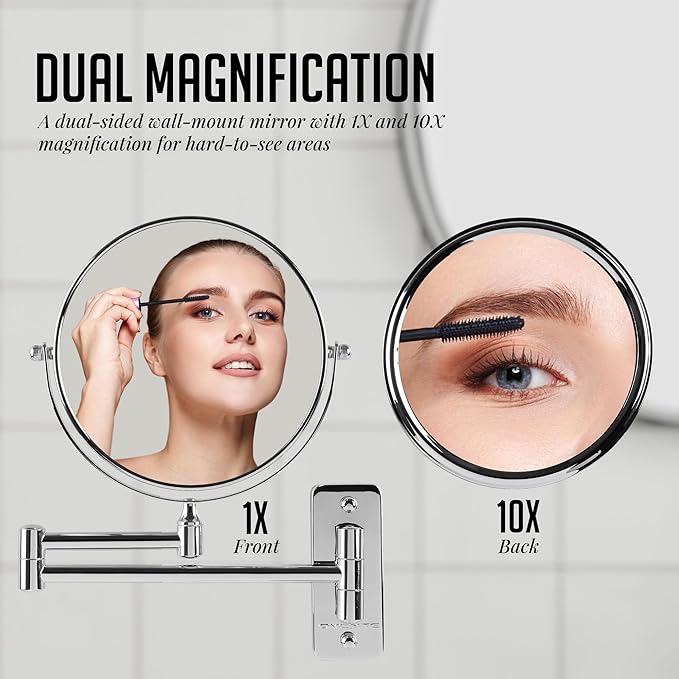 OVENTE 7" Wall Mounted Makeup Mirror with 1X/10X Magnification, Double Sided Magnifying Round Bathroom Vanity Mirror, 360° Swivel Design, Extendable and Folding Arm, Polished Chrome MNLFW70CH1X10X