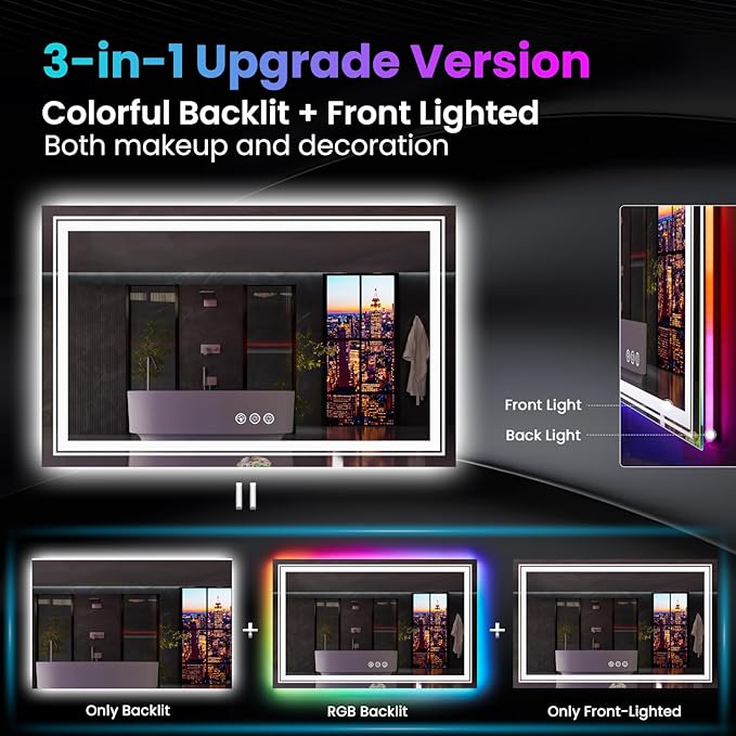 LED Mirror for Bathroom, 72"X36" with 8 RGB Backlit +3 Front Lit (Adjustable Individually), Anti-Fog, Large Lighted Bathroom Vanity Mirror for Wall,Shatterproof,Memory Function,Tempered Glass