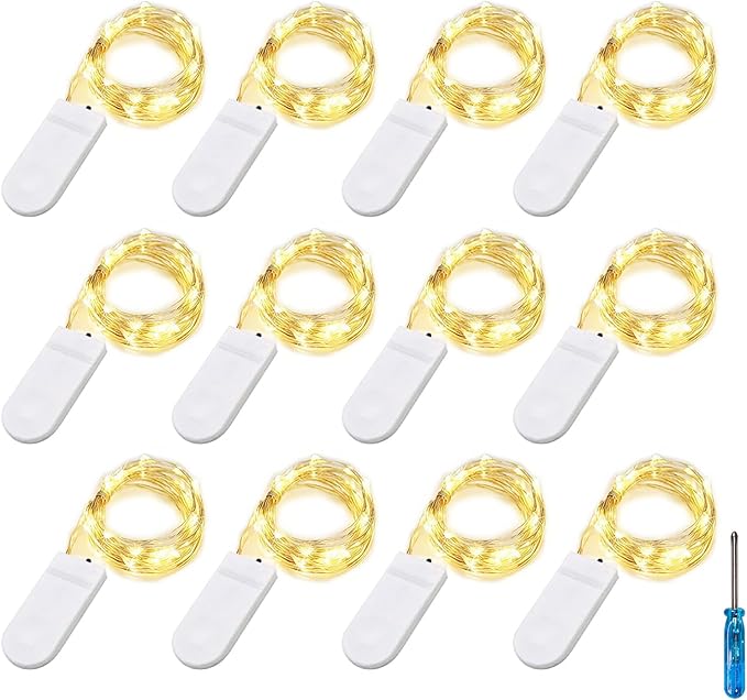 Fairy Lights CR2032 Battery Operated,6.6Ft/2Meter 20 LEDs Micro Silver Wire String Lights for Bedroom Christmas Party Wedding Decoration(Warm White, 12 Pack)