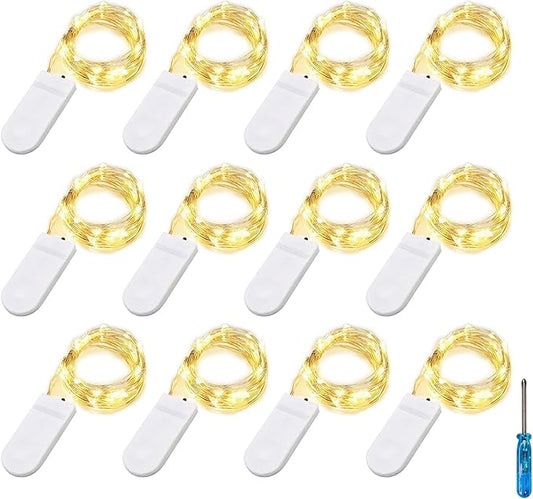 Fairy Lights CR2032 Battery Operated,6.6Ft/2Meter 20 LEDs Micro Silver Wire String Lights for Bedroom Christmas Party Wedding Decoration(Warm White, 12 Pack)