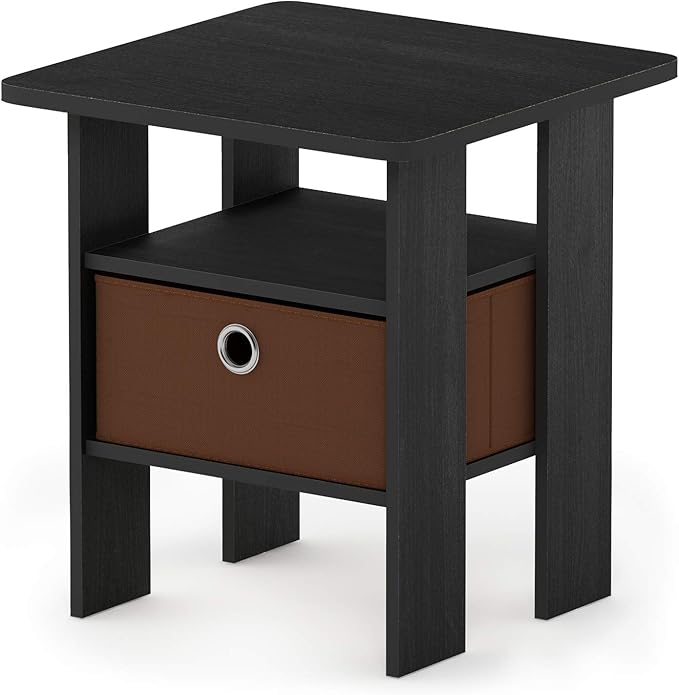 Furinno ANDREY Side Table, End Table, Night Stand with Open Shelves and Storage Bin, Bedside Table, for Living Room, Bedroom, Americano