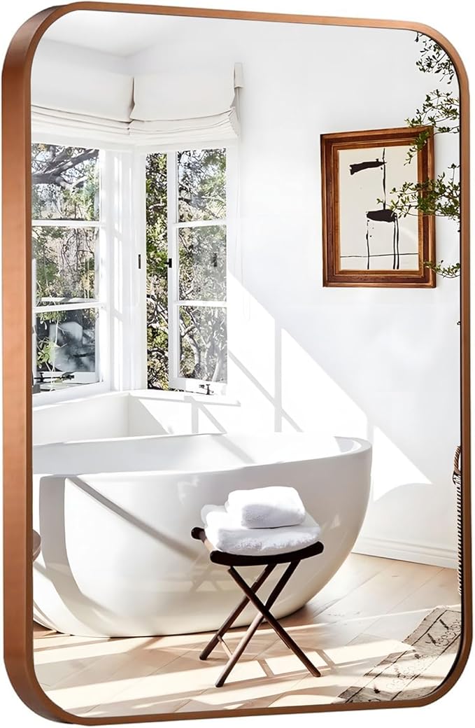 20"x30" Brushed Bronze Bathroom Mirror for Wall, Rounded Rectangle Mirror with Brown Metal Frame Hanging for Bathroom Entryway Vanity,Living Room,Bedroom,Vertical or Horizontal