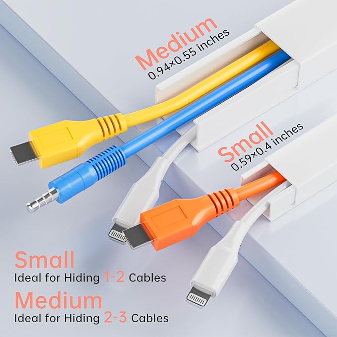 283in Medium Cord Hider, Wire Covers for 2-3 Cords on Wall, Paintable Cable Raceway, Cord Hider Kit, Max for 3 Small Cords for Home and Office, W0.94in H0.55in