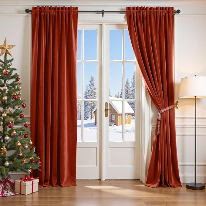 Lazzzy Velvet Blackout Curtains Thermal Insulated Room Window Drapes Super Soft Luxury Curtains for Living Room Bedroom Rod Pocket 2 Panels, Rust Red, 52" W x 120" L
