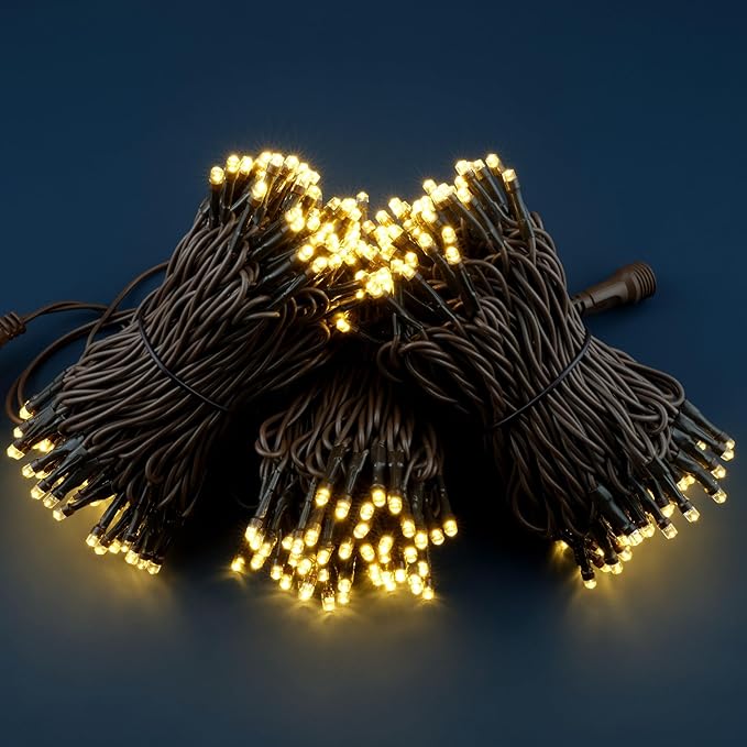 YULETIME 100 ft 300 Count Warm White LED String Lights with 8 Models Adapter, Brown Wire Wide Angle 5mm Christmas Lights (Warm White - Brown Wire)