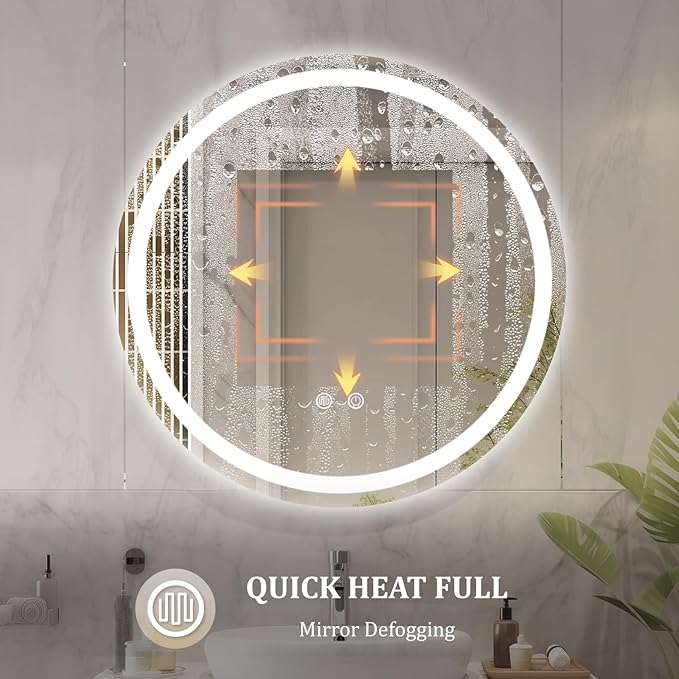 WallBeyond LED Bathroom Mirror with Lights, 28'' Round Light Up Bathroom Mirror for Wall with Front and Backlit, Anti Fog Led Mirror for Bathroom, 3 Colors and Dimmable Light