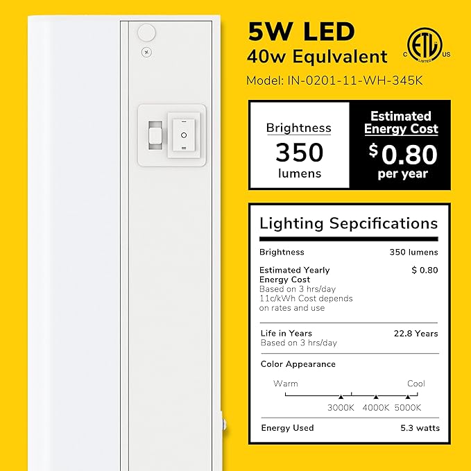 GETINLIGHT 12-inch Hardwired Only 3 Color LED Under Cabinet Lighting, Selectable 3000K/4000K/5000K, Dimmable, Matte White Finished, ETL Listed, IN-0201-11-WH-345K