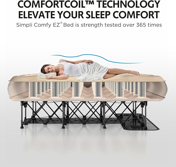 Simpli Comfy Queen EZ Bed Self-Inflating Air Mattress with Built-in Frame, Pump and Wheeled Case, Blow Up Inflatable Rolling Air Bed on Wheels