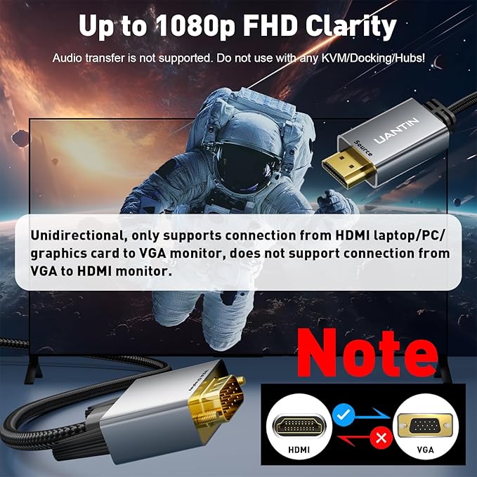 HDMI to VGA Cable Adapter 6FT (Anti-Interference Gold-Plated Plugs) Uni-Directional Only, 1080p@60Hz HDMI (Source) to VGA (Display) Braided Cord for PC,Laptop,Xbox,Graphics Card