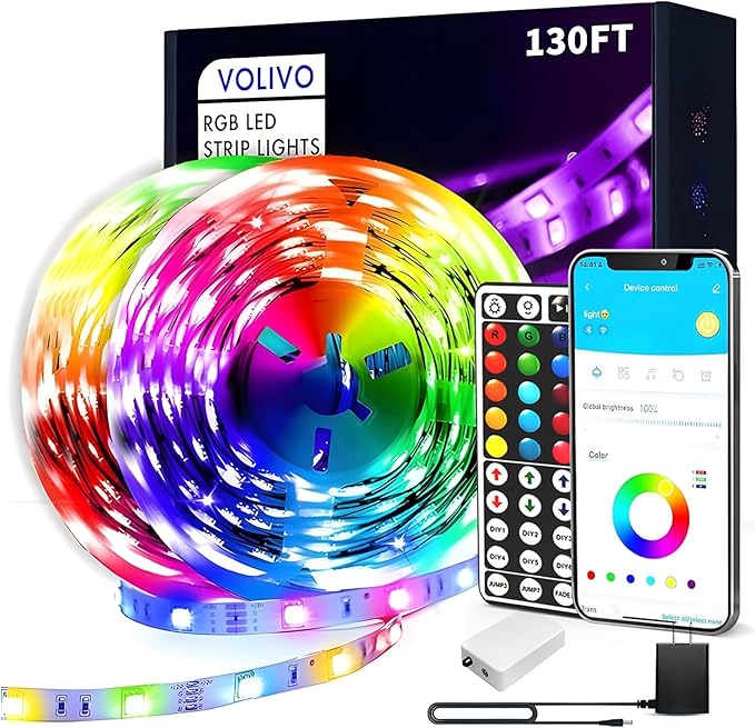 VOLIVO Led Strip Lights 130ft, 44Key IR Remote Control Led Light Strip, Color Changing Lighting for Bedroom, Home Decor