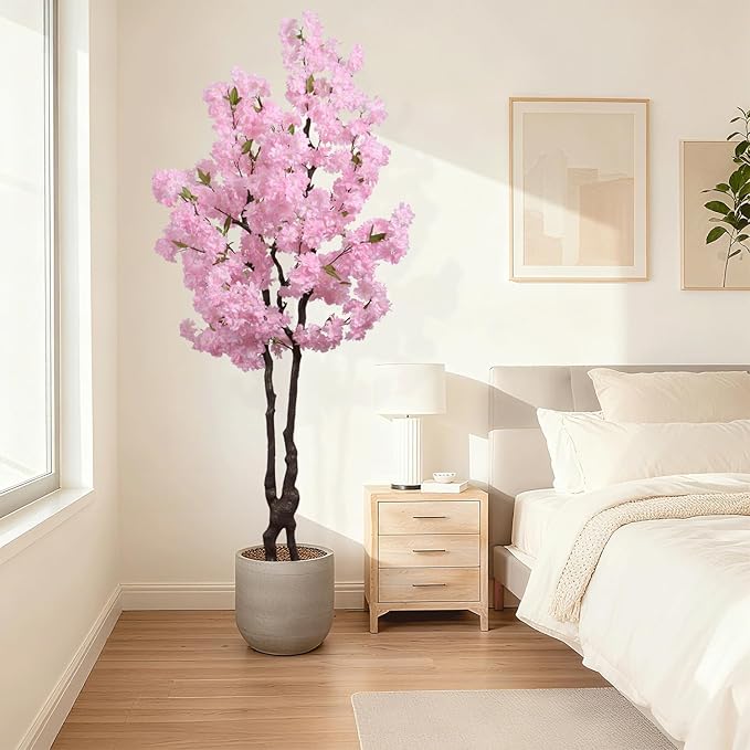 Artificial Pink Cherry Blossom Tree 6ft(72in) Tall Faux Plant Indoor Decor Handmade Japanese Sakura Tree for Wedding Realistic Cherry Plant in Pot for Home Living Room,Office,Outdoor Decor.