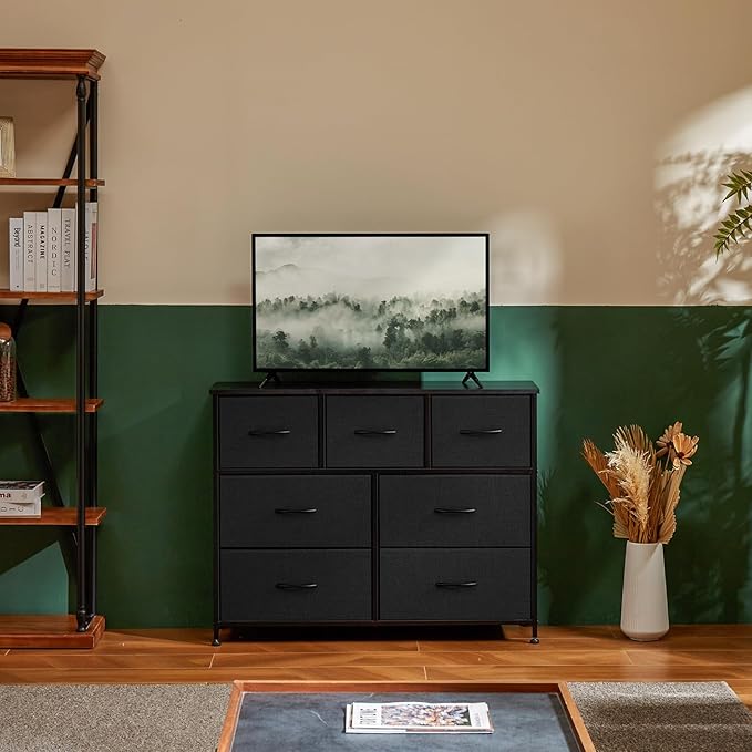 Sweetcrispy Dresser for Bedroom TV Stand Fabric Dresser with 7 Drawers, Dresser Chest of Drawers Organizer Wood Tabletop, Dresser for Closet, Living Room, Entryway, Black