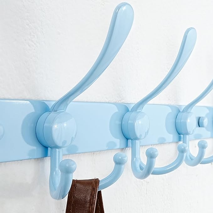 Dseap Coat Rack Wall Mount - 38” Long 10-Tri-Hooks Heavy Duty Coat Hanger Rail Wall Hooks for Hanging Coats Hats Clothing Clothes Purse Mudroom Entryway, Blue, Pack of 2