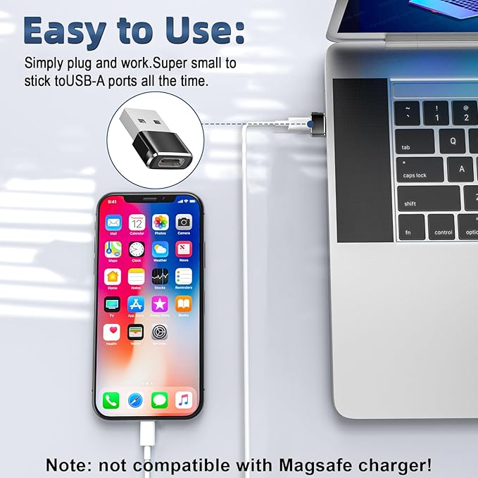 Herfair USB to USB C Adapter 5 Pack, USBC Female to A Male Car Charger Type-C Converter for iPhone 16 15 14 13 12 Plus iWatch Airpods Switch Laptop Computer and More (Black)