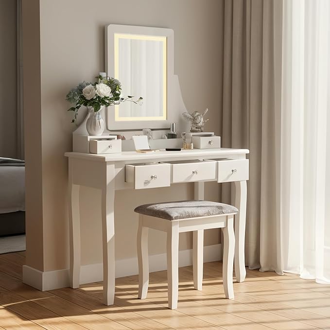 BEWISHOME Vanity Desk, Girls Vanity Set with Mirror and Lights,Small Makeup Vanity Table with 5 Drawer & Stool,Dressing Table with 3 Colors Lighting Adjustable Brightness for Girls White FST07W