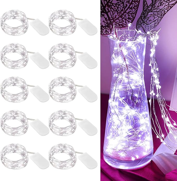 [10-Pack] LED String Lights, 6.6FT LED Moon Lights 20 Led Micro Lights On Silver Copper Wire (Batteries Include) for DIY Wedding Centerpiece, Table Decoration, Party (Cool White)