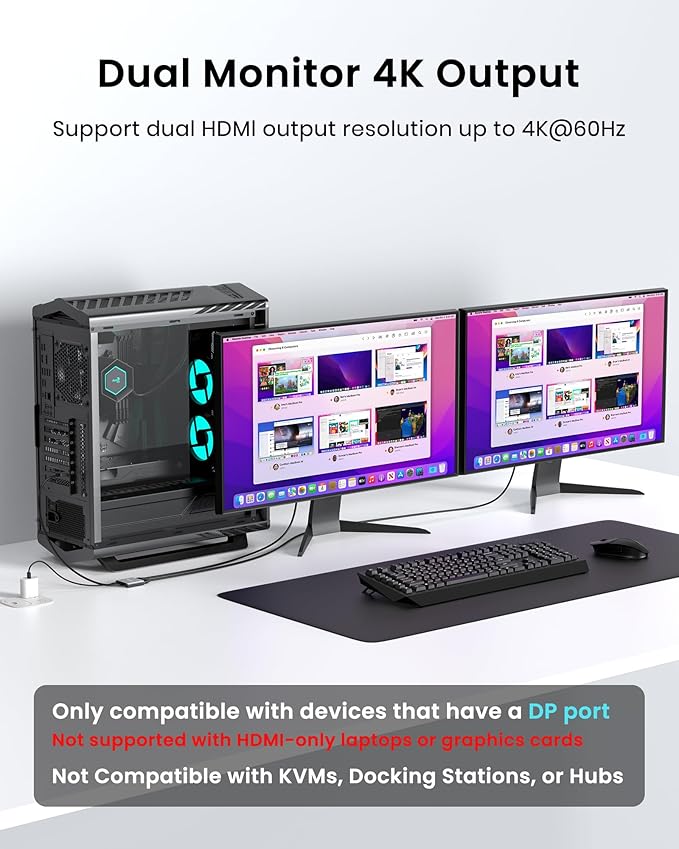 4K 60Hz DisplayPort to Dual HDMI Adapter, MST Splitter for Dual Monitor Extender, Supports Extended & Mirror Mode, Plug and Play, USB Power Cable Included