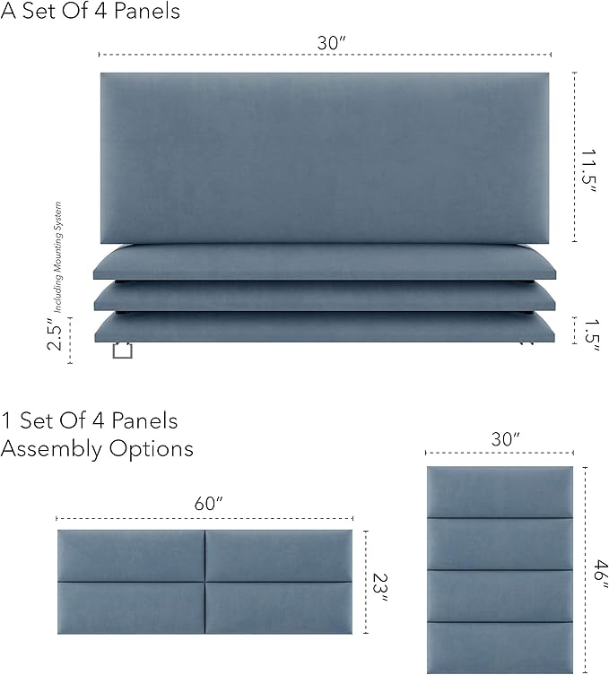 Vänt Upholstered Wall Panels - Queen/Full Size Wall Mounted Headboards - Micro Suede Blue - Set of 4 Panels (Each Individual Panel 30"x11.5")