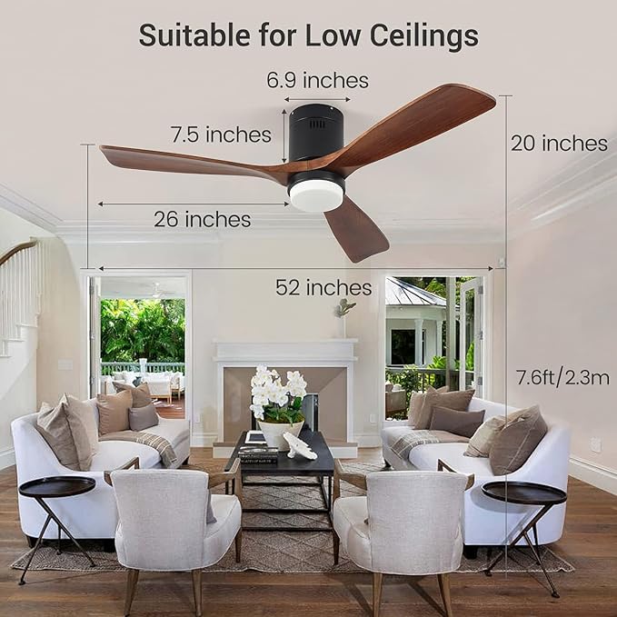 Ceiling Fans with Lights, 52" Wood Ceiling Fan with Remote Control, 3 Walnut Fan Blades Reversible Quiet DC Motor 6 Speeds Timing Farmhouse Ceiling Fan for Bedroom/Living Room/Study/Porch