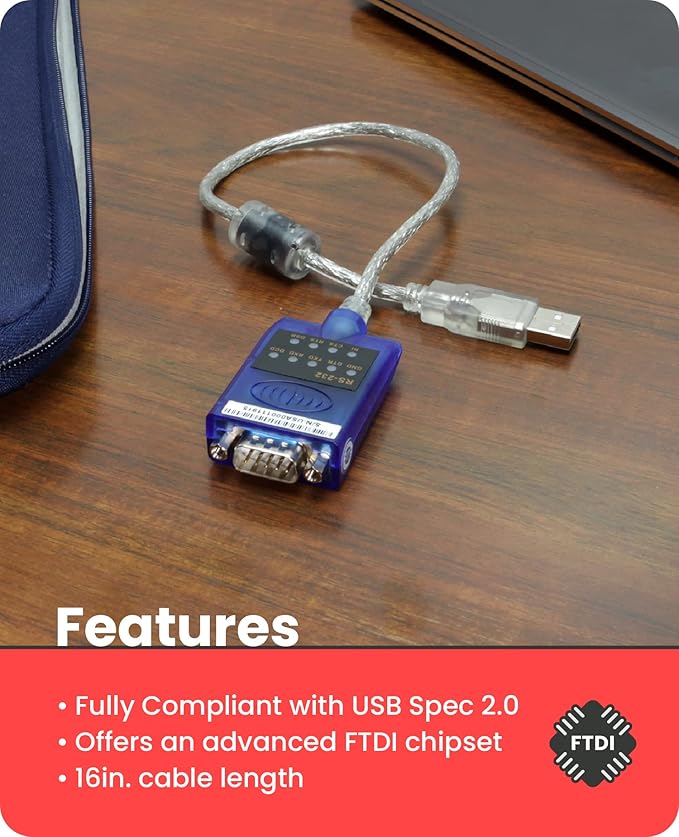 Gearmo USB 2.0 to RS-232 Serial Adapter - 16in. Cable, LED Indicators, FTDI Chip, Plug & Play - Use Legacy Serial Devices with Modern USB Systems