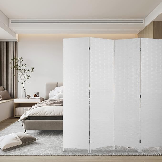 Room Divider Wood Screen Wood Mesh Woven Design Room Divider Folding Portable Partition Screen for Home Office (4 Panel, White)