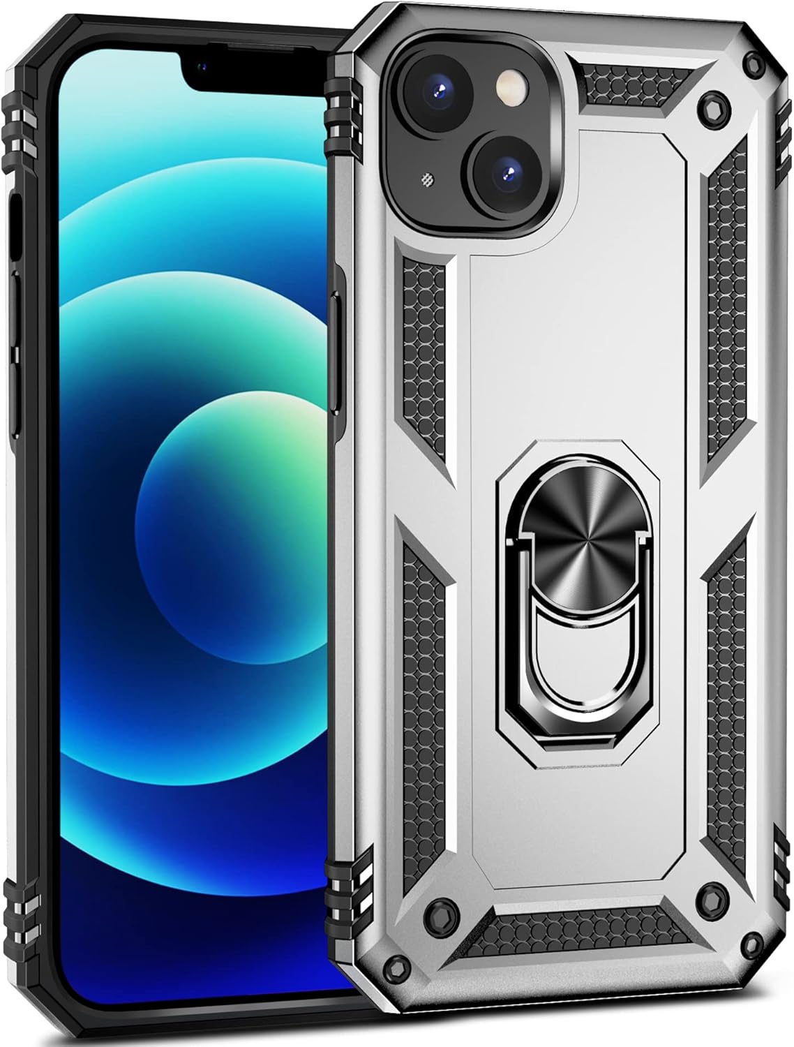 Military Grade Drop Impact Case for iPhone 14 Plus, 360 Metal Rotating Ring Kickstand Holder Armor Heavy Duty