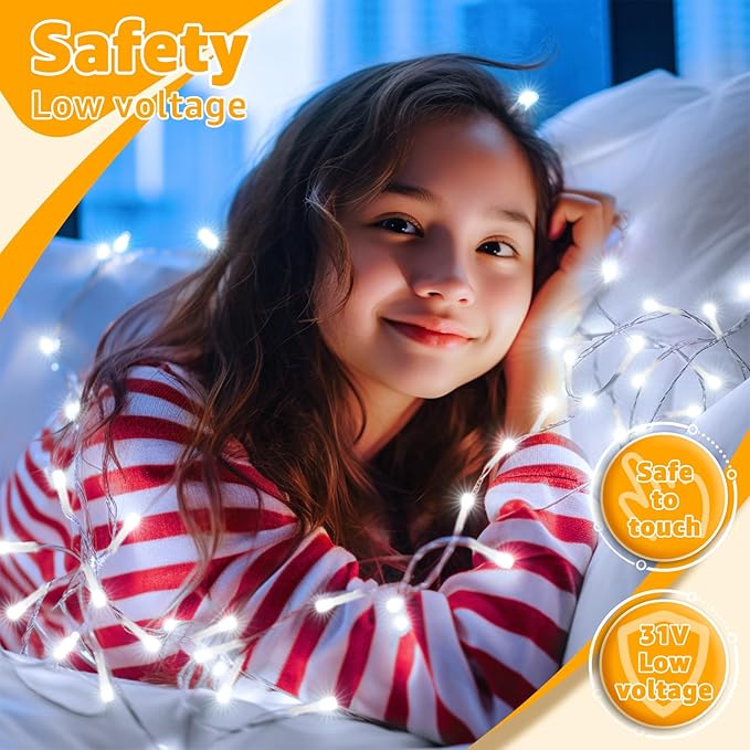 Ollny 120LED 40FT String Lights, Waterproof Connectable Christmas Lights with Timer 8 Modes, Cool White Plug in Fairy Light for Indoor Outdoor Bedroom Xmas Tree Holiday Party Decorations