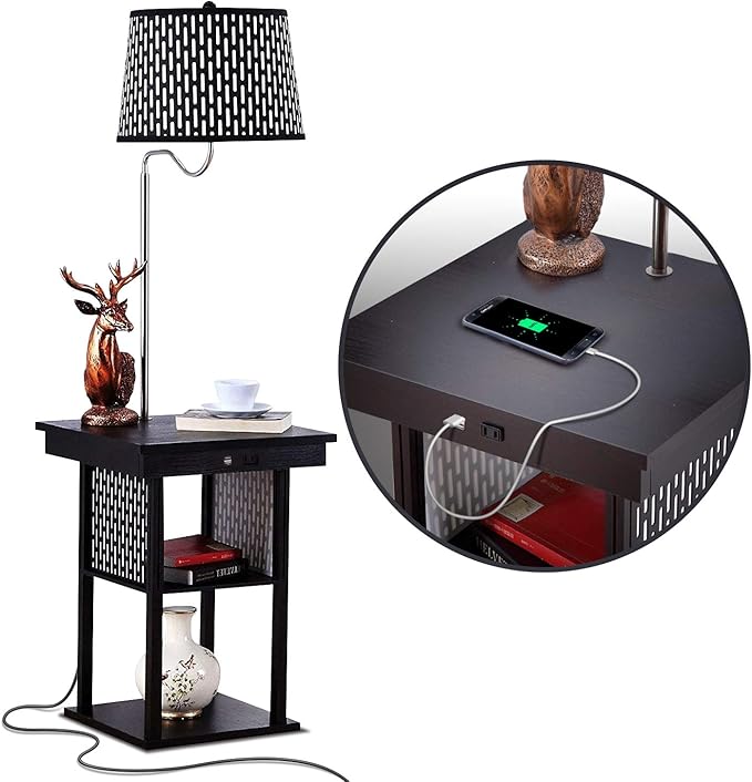 Brightech Madison Side Table with Lamp Combo with LED Bulb, Desk Lamp with USB Port, Bedside Reading Light, Modern End Table with Floor Lamp for Bedroom, Living Room, Office - Black