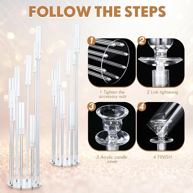 Vesici 2 Pcs 8 Arm Acrylic Candelabra Centerpieces for Tables 49.6 x 11 Inch Candlesticks Holder Clear Acrylic Candle Holder for Wedding Ceremony Floor Home Dinner Party, Fit 0.8" LED Candle