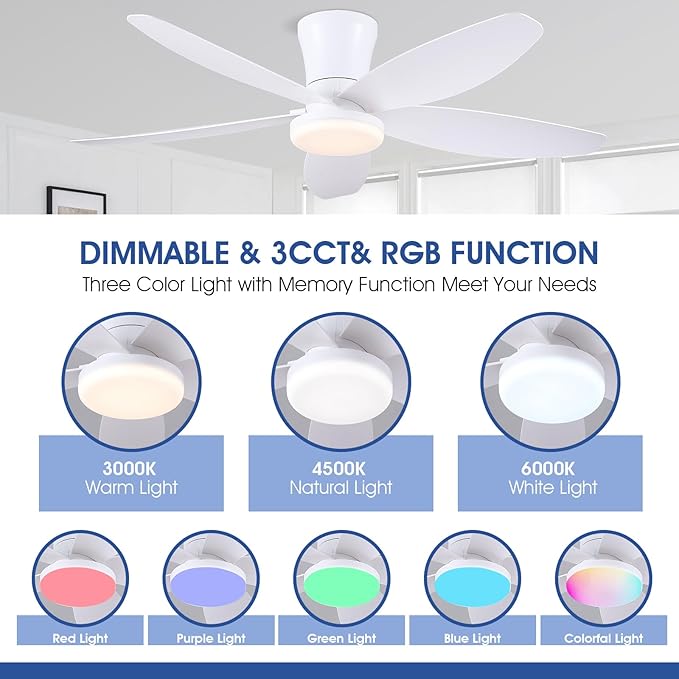 Flush Mount RGB Ceiling Fans with Lights-48 Low Profile Ceiling Fan with Light and Remote/APP Control,DC Reversible,LED Dimmable Ceiling Fans for Bedroom,Indoor/Outdoor Patio Use(White)