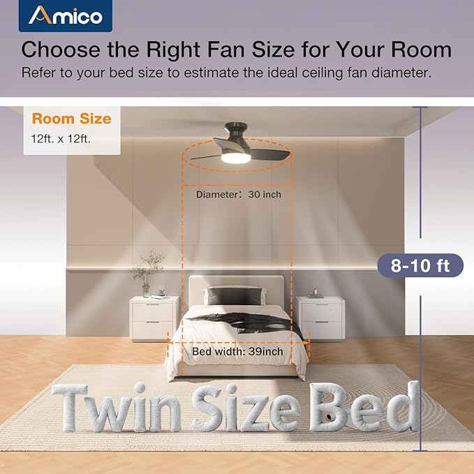 Amico Ceiling Fans with Lights, 30 inch Low Profile Ceiling fan with Light and Remote Control, Flush Mount, Reversible, 3CCT, Dimmable, Noiseless, Black Ceiling Fan for Bedroom, Indoor/Outdoor Use