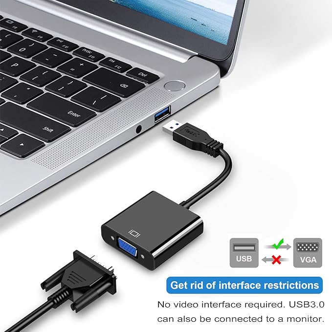 USB to VGA Adapter for Monitor MacBook, VGA to USB 3.0/2.0 Converter 1080P Multi-Display Video Cable for Laptop Desktop PC to Monitors, Projector, TV. (Not Support Chromebook)