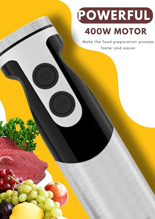MegaWise Pro Titanium Reinforced 5-in-1 Immersion Hand Blender, Powerful 400W with 80% Sharper Blades, 12-Speed Corded Blender, Including 500ml Chopper, 600ml Beaker, Whisk and Milk Frother (Black)