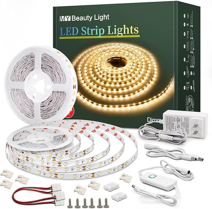 Led Strip Lights 50.5ft Warm White Dimmable Led Light Strip Flexible Rope Lights Kits with 24v Etl Power Supply, Adhesive Clips, Dimmer Switch and Connectors for Indoor Decor