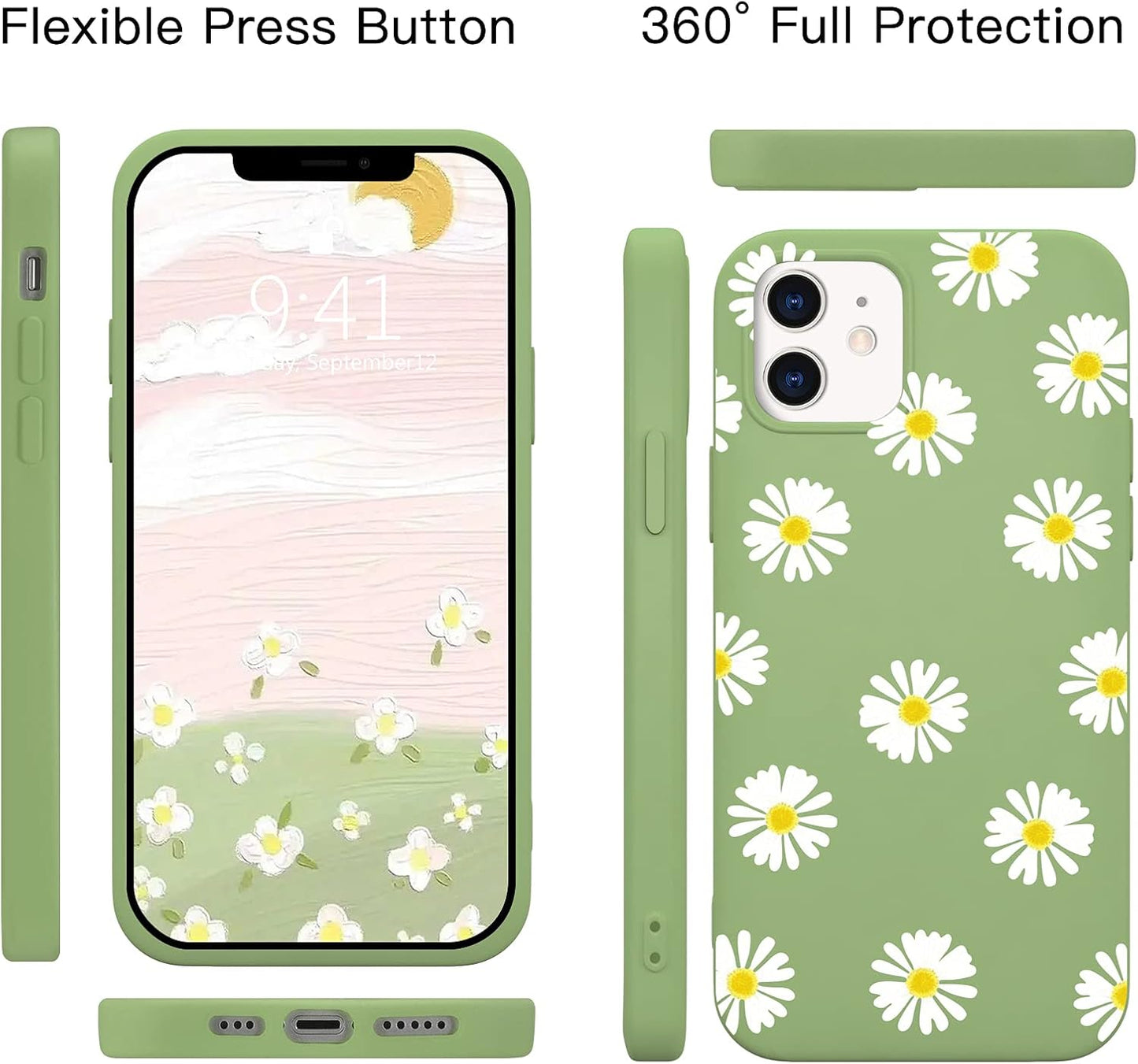 JOYLAND Mustard Green Daisy Flower Phone Case for iPhone 7/8/SE 2020, Soft Liquid Silicone with Microfiber Lining.