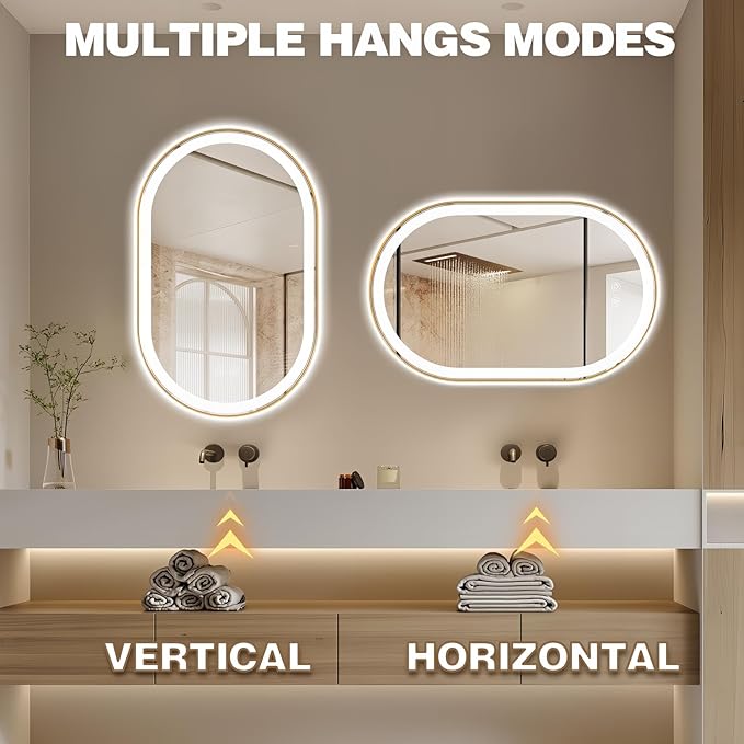 Niccy Oval LED Mirror for Bathroom, 48x30 Front Lit + Backlit Vanity Mirrors with Light Anti-Fog, Shatter-Proof, 3 Colors, Makeup Mirror with Gold Frame (Horizontal/Vertical)
