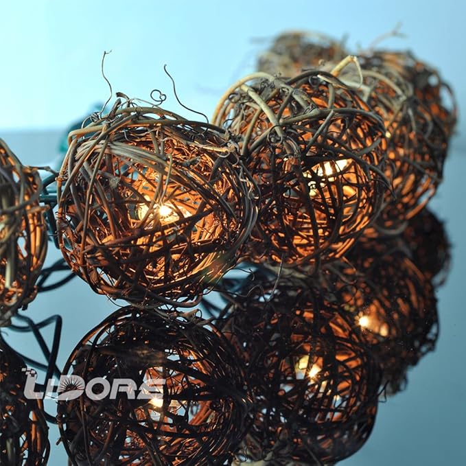 LIDORE Rattan Christmas String Lights, Mini Globe Wicker Lights for Patio, Wedding, Garden and Party, Brown Rattan and Green Cord, 7.92Ft Indoor/Outdoor
